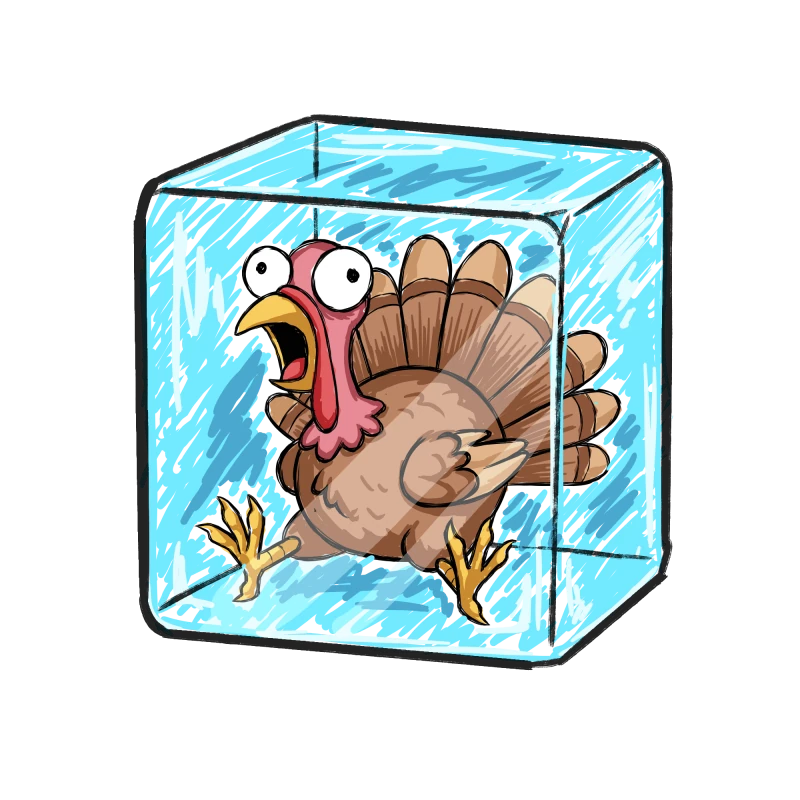 A turkey frozen in a block of ice